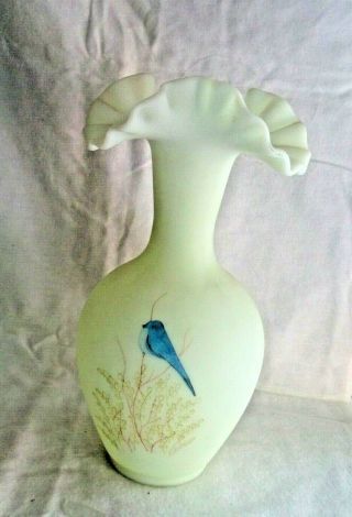 FENTON GLASS CUSTARD VASE WITH BLUE BIRDS HAND PAINTED BY RAMBEY 3