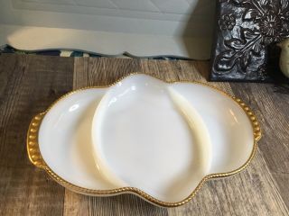 Vintage Fire King Oven Ware Milk Glass Gold Trim Divided Relish Dish Usa 1
