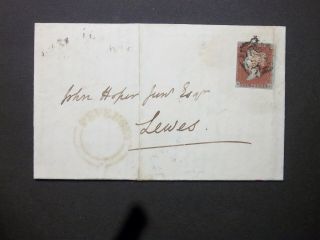 Sussex 1844 Qv 1d Red Entire Letter Black Mx " Pevensey " Udc Eastbourne To Lewes