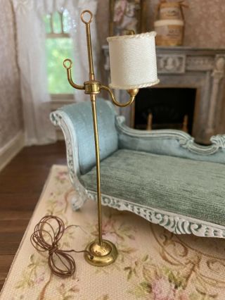 Vintage Miniature Dollhouse Artisan Floor Lamp Brass Silk Shade Wired Lighting