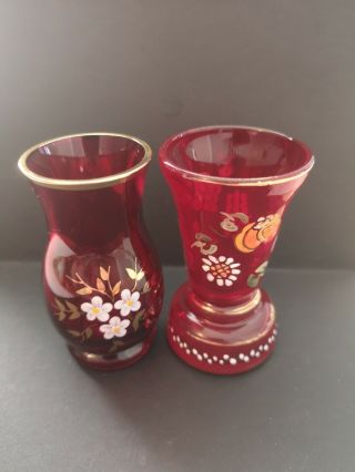 2 Small Vintage Red Glass Vases 1 Signed Royo