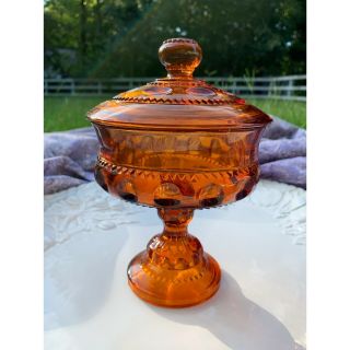 Antique Vintage Mid Century Modern Amber Glass Pedestal Candy Dish Lid