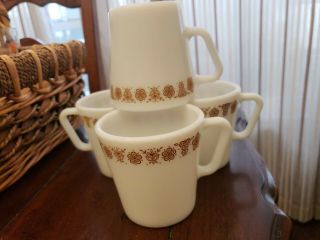 Set Of 4 Vintage Pyrex Milk Glass Butterfly Gold D - Handle Coffee Tea Mugs Cups