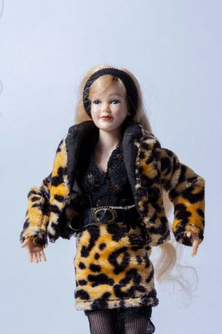 Dollhouse Miniatures Heidi Ott Young Lady Doll In Faux Leopard Skin Outfit 3