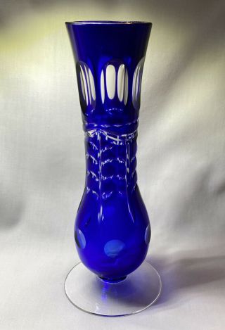Czech Cobalt Blue Cut To Clear Crystal Art Glass Bud Vase 6 - 1/2” Tall Bohemian