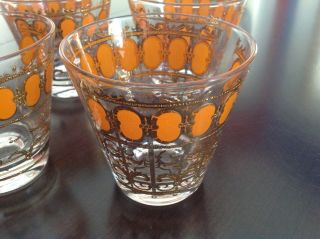 Set Of 4 Vintage Orange And Gold Low Ball Cocktail Glasses Mcm
