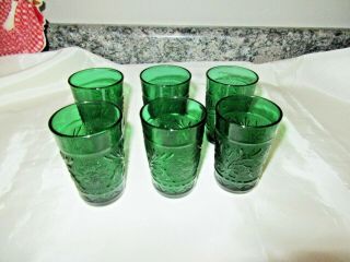 Vintage Set Of 6 Forrest Green Sandwich Glass Anchor Hocking 4 Oz Juice Glasses,