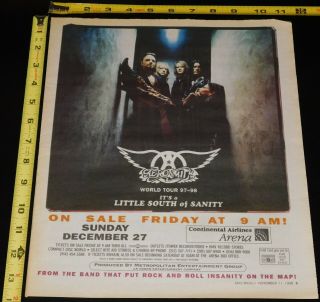 Aerosmith Little South Of Sanity 1998 Tour Concert Ad Nj Advert Mini Poster