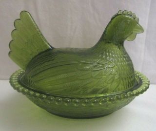 Vintage Indiana Hen On Nest Chicken Green Glass Covered Candy Dish