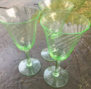 Set Of 3 Green Depression Uranium Glass Optic Swirl 7” Tall