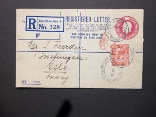 Sussex Stationery Kgv 41/2d Registered Envelope Endwell Road Bexhill To Norway