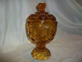 Vintage Le Smith Moon & Stars Amber Glass Covered Candy Dish Heavy