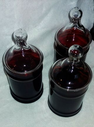 3 Vintage Glass Anchor Hocking Royal Ruby Red Apothecary Candy Jars W/ Clear Lid
