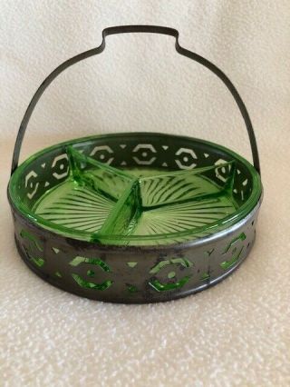 Vintage Green Depression Glass Divided Relish Tray With Metal Holder,