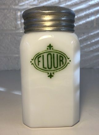 Vintage Anchor Hocking Milk Glass Flour Shaker Range Set Green Lettering