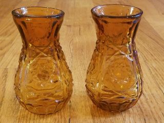 Set Of (2) Vintage Amber Pressed Glass Vases Sun/ Stars Design.