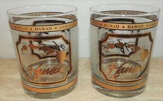 2 Vintage Hawaii Islands Lowball Glasses Culver 22k Gold Accents Etched W/map