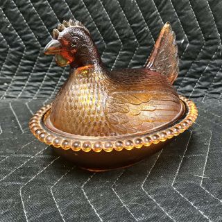 Vintage Indiana Glass Amber Gold Rooster Hen On Nest Covered Candy Dish