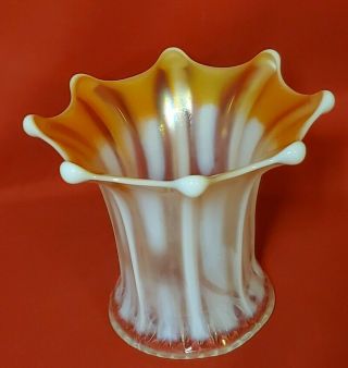 Antique 5 1/2 " Iridescent Marigold White Opalescent Carnival Glass Flared Vase