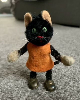 Rare 1950s/60s Schuco Black Cat Mini Mascott Doll 3.  5” Mohair Chenille Nr