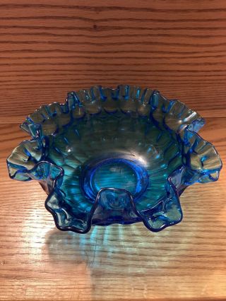 Vintage Fenton Glass Blue Thumbprint Ruffled Edge Bowl