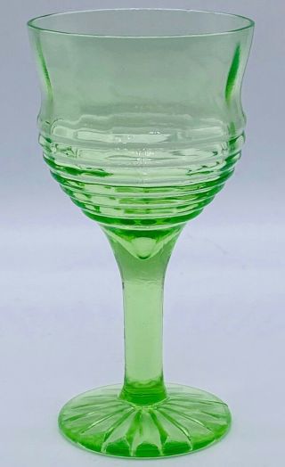 Vtg Anchor Hocking Block Optic Green Vaseline Depression Long Stem Glass 4 1/2”H 2