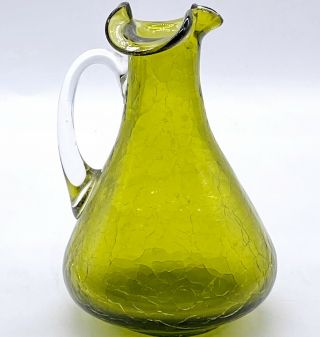 Vtg Hand Blown Green Crackle Glass Small Pitcher Vase Applied Handle 4.  5”h 3”w