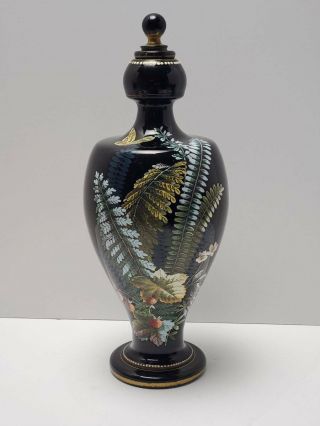 Antique Moser / Harrach Black Glass Hand Painted Enameled Urn Vase Bottle