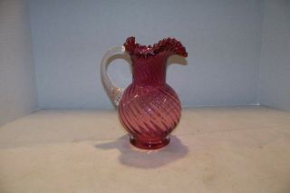 Vintage Fenton Cranberry Glass Spiral Flared Ruffled Pitcher 8 1/2 " Tall