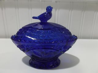Vintage Pressed Glass Cobalt Blue Trinket Dish With Lid Bird Handle