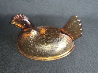 Vintage Glass Hen On A Nest Lidded Chicken Dish Top Only Amber Colored