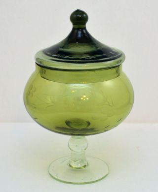 VINTAGE ETCHED GLASS GREEN FOOTED COVERED CANDY DISH COMPOTE 2