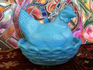 Vintage Blue Slag Glass Hen On Nest Covered Trinket/candy Dish