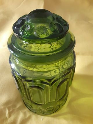 Vintage Le Smith Moon And Stars Green Glass Canister With Lid 7.  5 "