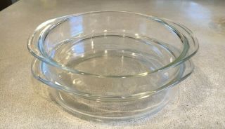 Set Of 2 Vintage Pyrex 221 Clear Glass Deep Dish With Handles 8.  5”cake Baking