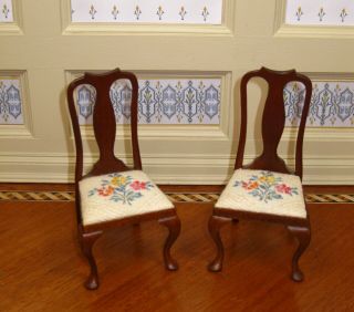 Linda Miner Pair Queen Anne Dining Room Side Chairs Artisan Dollhouse Miniature