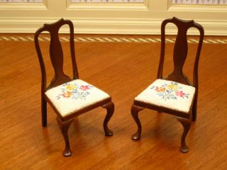 Linda Miner Pair Queen Anne Dining Room Side Chairs Artisan Dollhouse Miniature 3