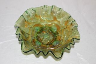 Antique Millersburg Blackberry Wreath Green Carnival Glass Ruffled 6 " Bowl