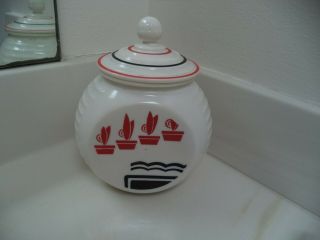 Vtg Anchor Hocking Fire King Vitrock " Red Flower Pot " Grease Jar & Striped Lid 4