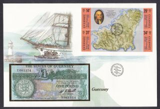 Guernsey Bank Note On 1987 Stamp Cover With Ship Boat Design Cachet & Banknote