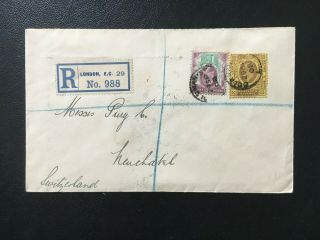 Gb 1908 Kevii 1 1/2d And 3d On Registered Cover To Switzerland Backstamp