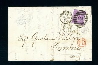 London To Torino Italy 1870 Cover 6d Mauve Plate 8 (jy627)