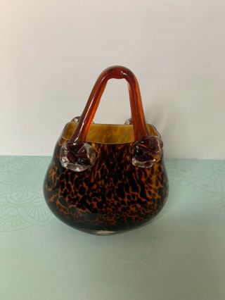 Vintage Murano Style Handbag Purse Handblown Heavy Art Glass Designer Vase