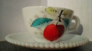 Westmoreland Milk Glass Beaded Edge Fruit Cup & Saucer Apple