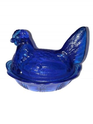 Vintage Fenton Cobalt Blue Glass Hen On Nest Chicken Covered Candy Dish