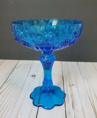 Vintage Fenton Glass Cabbage Rose Compote Colonial Blue Pedestal Candy Dish