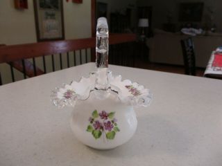 Fenton Hand Painted Silver Crest Violets In The Snow Small Basket,  Vintage