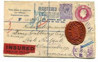 Gb 1925 4½d.  Red - Violet Registered Envelope Uprated 3d.  Sent London To Roumania