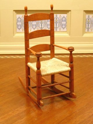 George Hoffman Pine Rocking Chair With Rush Seat - Artisan Dollhouse Miniature