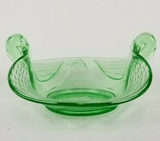 Green Glass Swan Candy Dish Bowl Double Handle Swan Head Vintage Depression